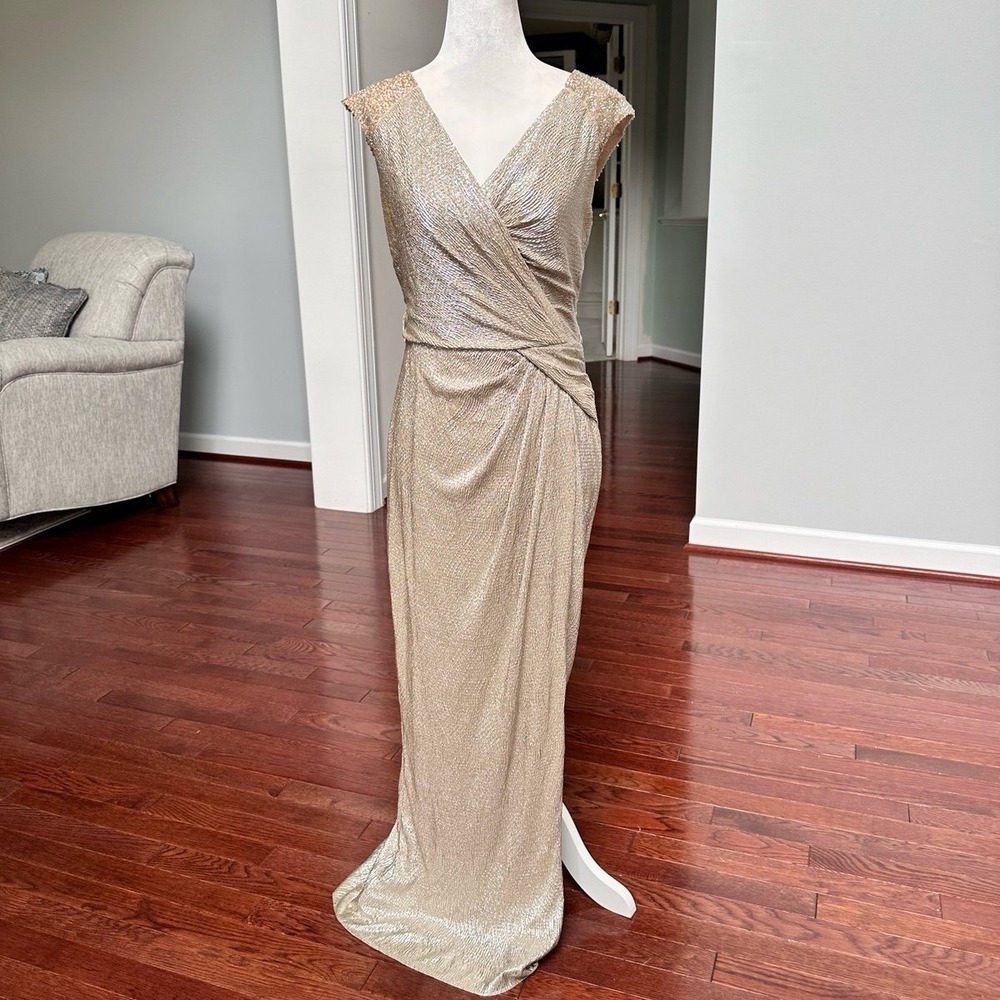 Lauren Ralph Lauren Evening Crushed‎ Gold Sequin Beaded Embellished Formal Dress